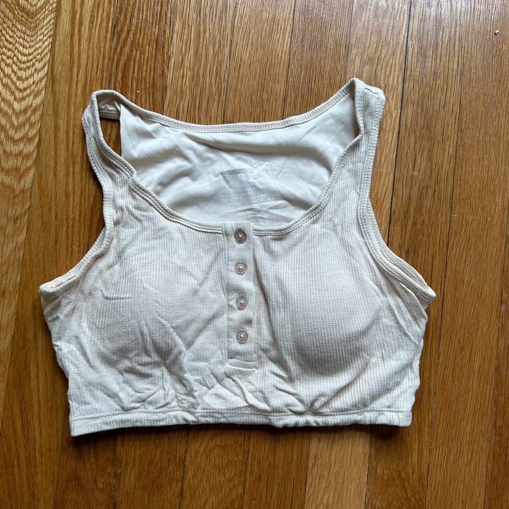 Klassy Network Cream Henley Crop Tank Top with Built-In Bra